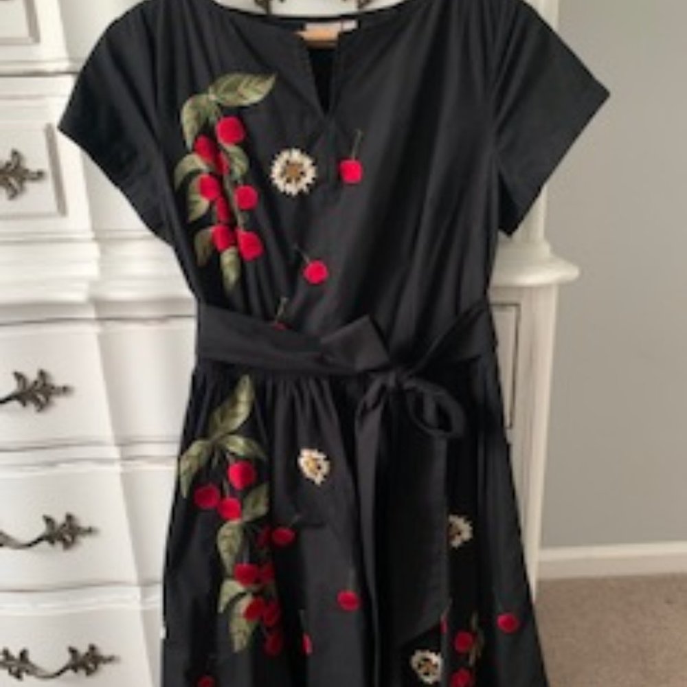 Custom Black Embroidered Fit & Flare Retro Cherry & Daisy dress boat neck
